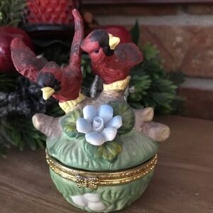 Rare Vintage Red Bird Miniature Gold Trinket Box